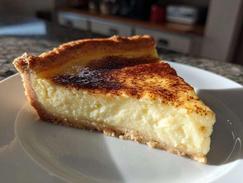 A close-up slice of rich, creamy egg custard tart with a golden, slightly brûléed top, sitting on a white plate.