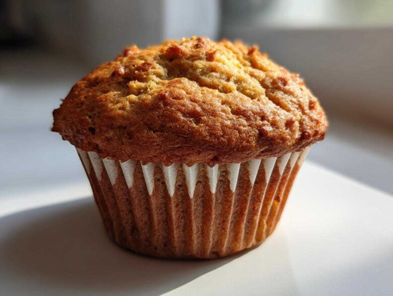 A single, perfectly baked banana protein muffin with a golden brown, domed top, sitting in a white liner.
