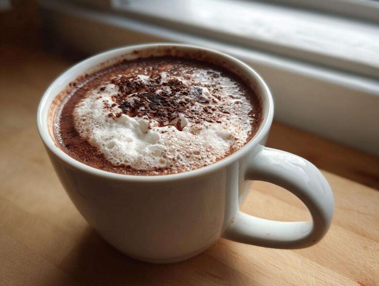 Close-up of a steaming white mug filled with rich hot cocoa mix, topped with foam and chocolate shavings.