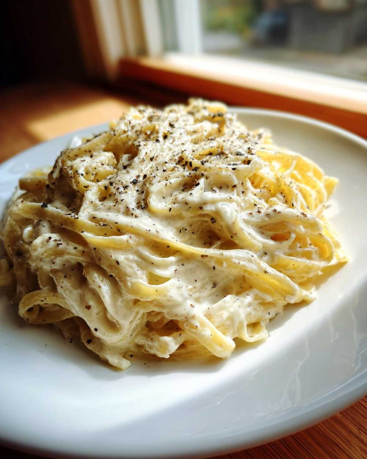 A close-up of fettuccine pasta generously coated in rich homemade alfredo sauce and topped with black pepper.