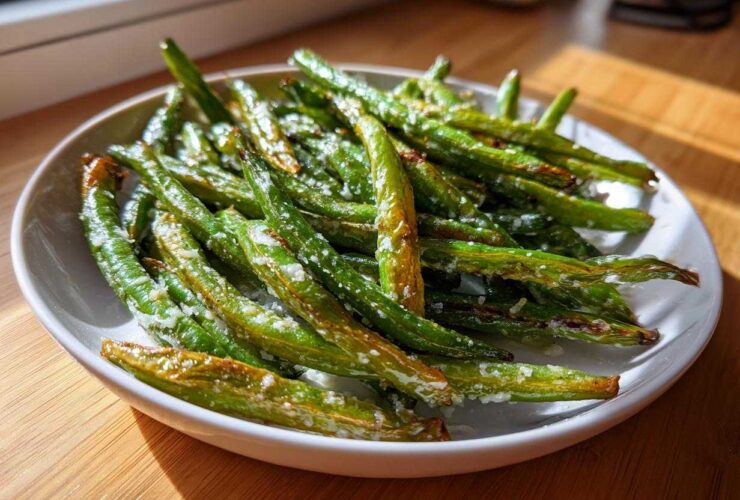 A white bowl filled with roasted, bright green beans sprinkled with coarse salt, ready to eat.