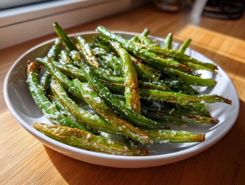 A white bowl filled with roasted, bright green beans sprinkled with coarse salt, ready to eat.