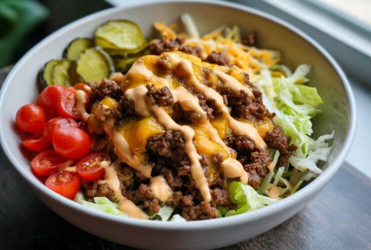 Close-up of a flavorful cheeseburger bowl featuring seasoned ground beef, melted cheddar, special sauce, lettuce, tomatoes, and pickles.