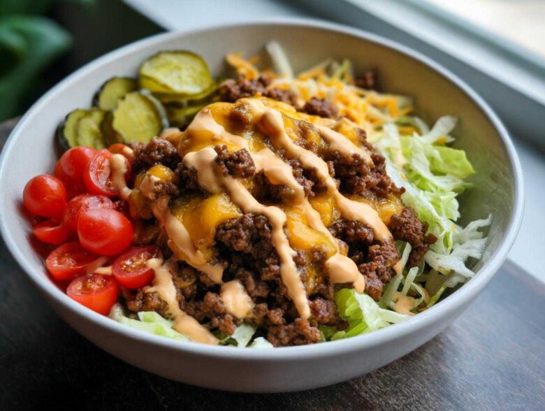 Close-up of a flavorful cheeseburger bowl featuring seasoned ground beef, melted cheddar, special sauce, lettuce, tomatoes, and pickles.