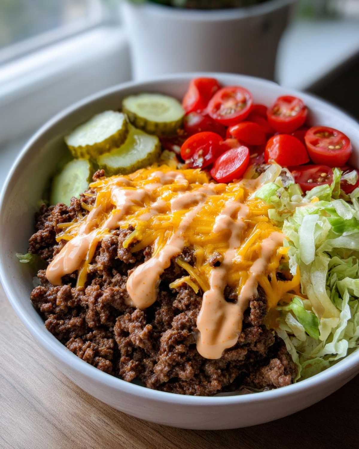 Close-up of a delicious cheeseburger bowl featuring seasoned ground beef, melted cheese, and a special sauce.