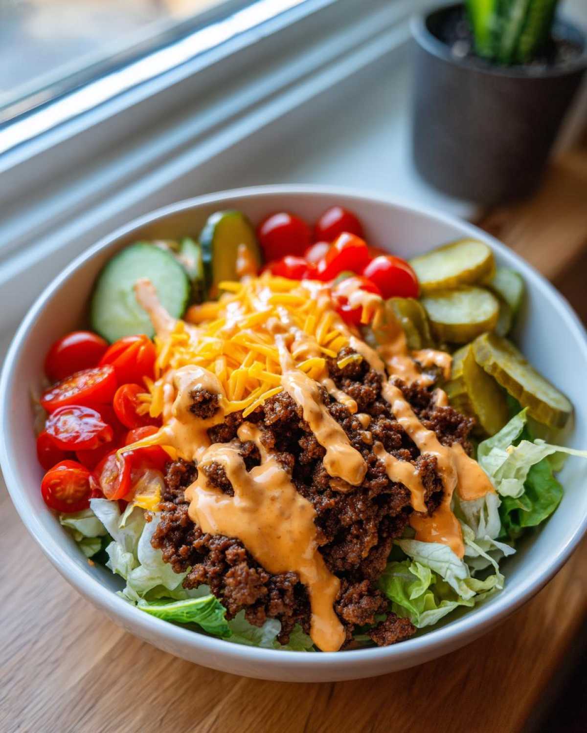 A close-up of a fresh cheeseburger bowl featuring seasoned ground beef, shredded cheese, and special sauce over lettuce.