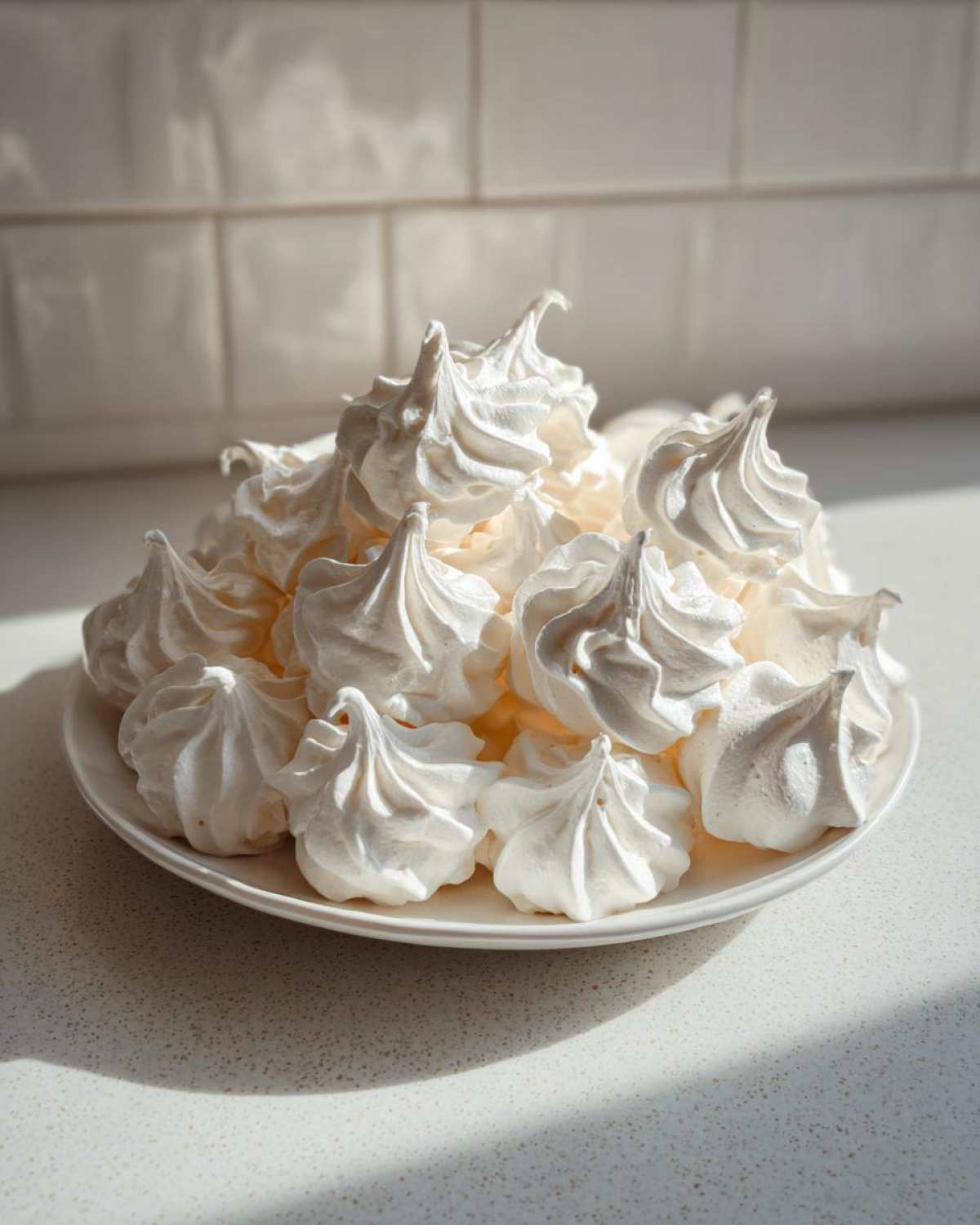 A pile of freshly piped, crisp white meringue cookies displayed on a white plate in bright sunlight.