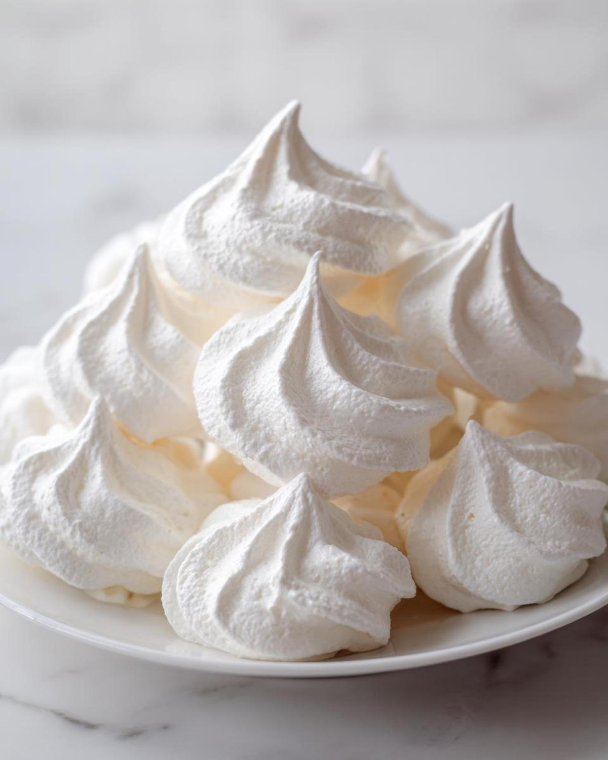 A close-up of several perfectly piped, bright white meringue cookies piled on a white plate.