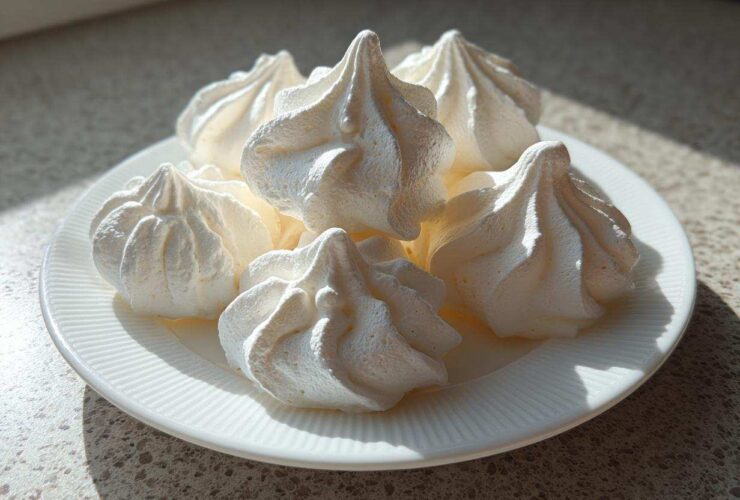 A small pile of perfectly piped, crisp white meringue cookies resting on a white, ridged plate.