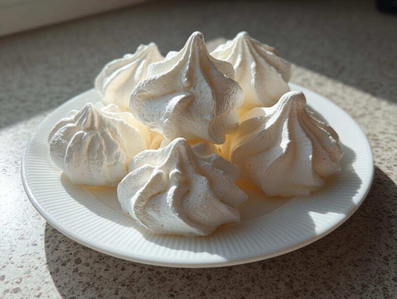 A small pile of perfectly piped, crisp white meringue cookies resting on a white, ridged plate.