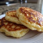Close-up of three fluffy almond flour pancakes stacked on a white plate, showing golden-brown sear marks.