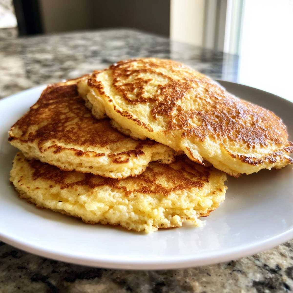 A close-up of three fluffy almond flour pancakes stacked on a white plate, showing golden brown edges.