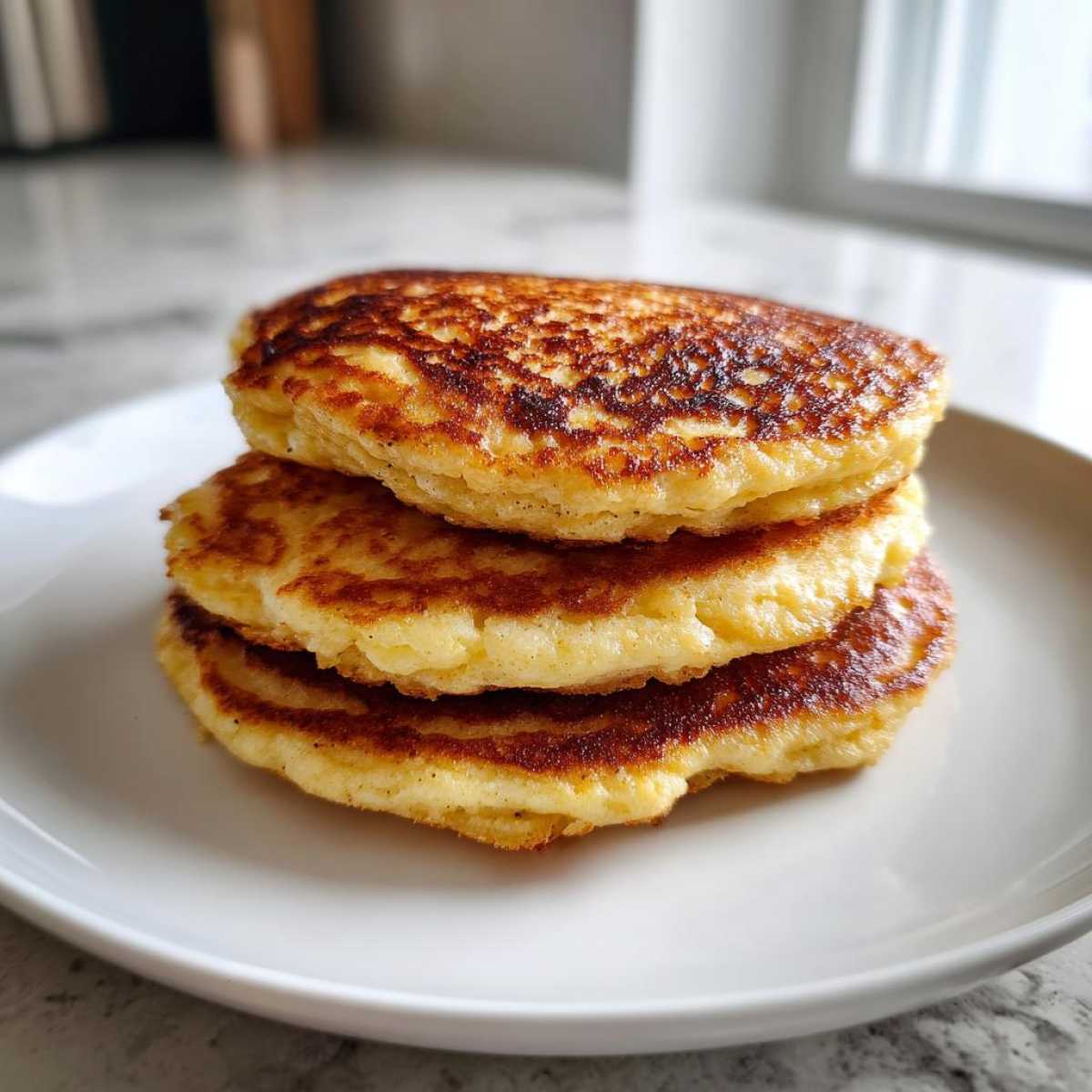 A stack of three golden-brown, fluffy almond flour pancakes served on a white plate.
