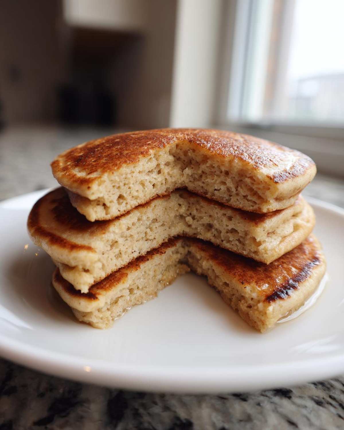 Close-up of a stack of three fluffy almond flour pancakes with a piece removed to show the texture.