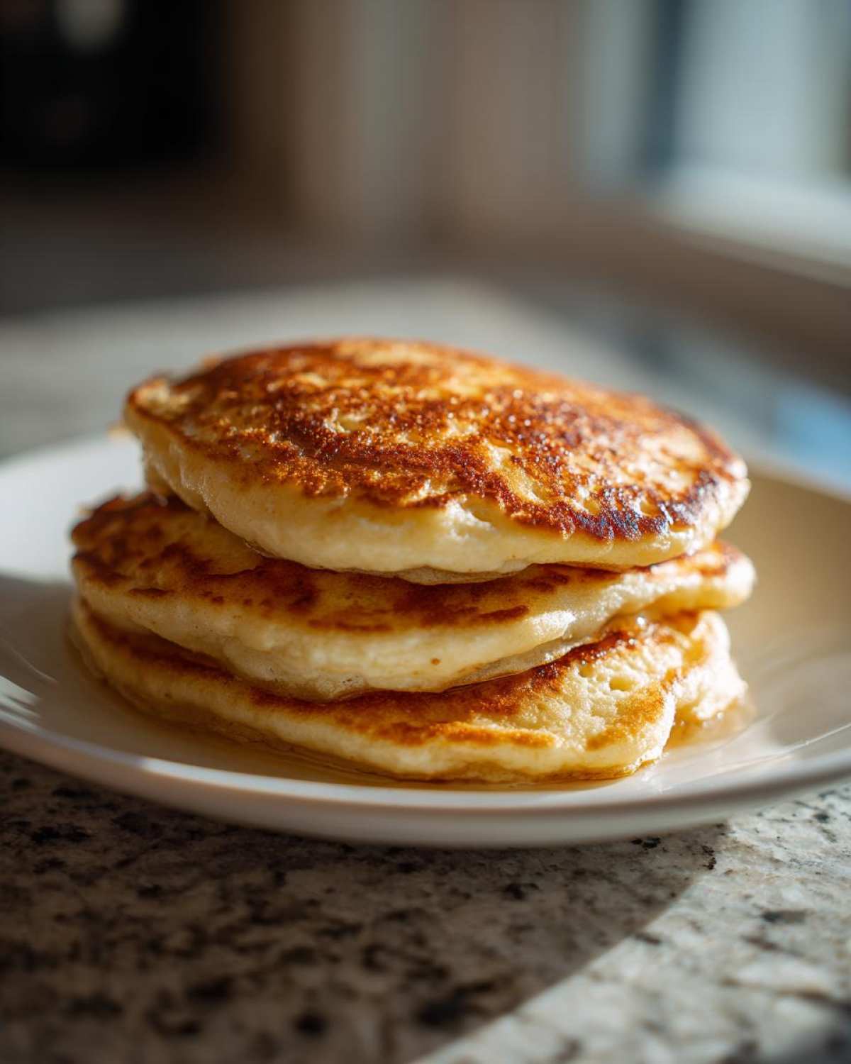 A stack of three golden-brown, fluffy almond flour pancakes drizzled with syrup on a white plate.