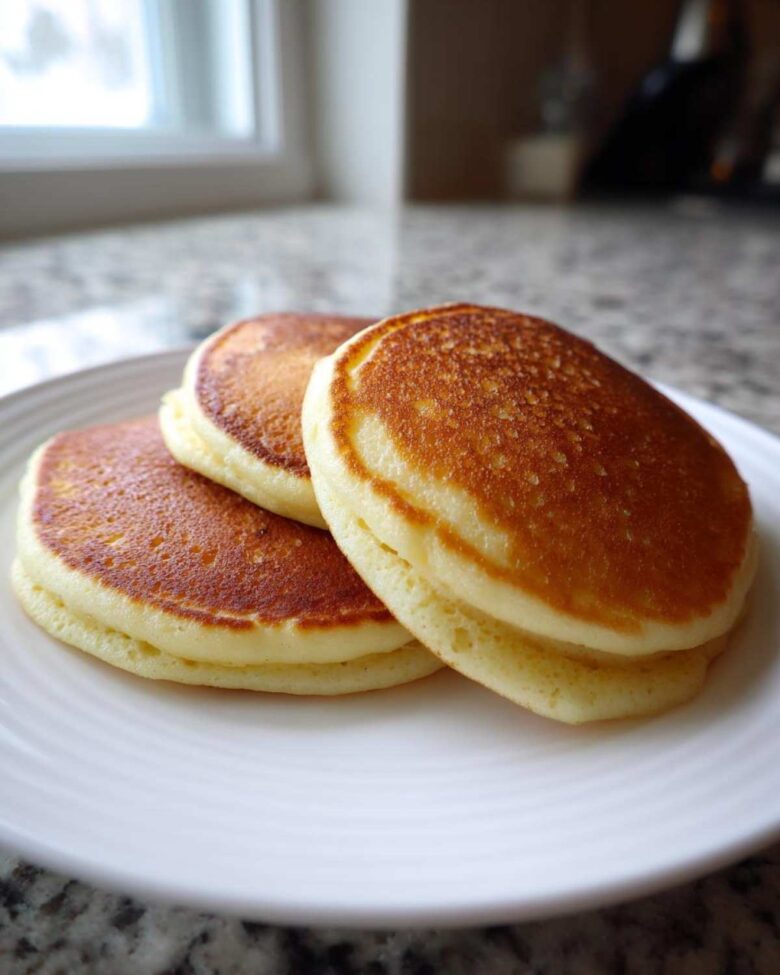 Three perfectly golden brown, fluffy almond flour pancakes stacked on a white plate.