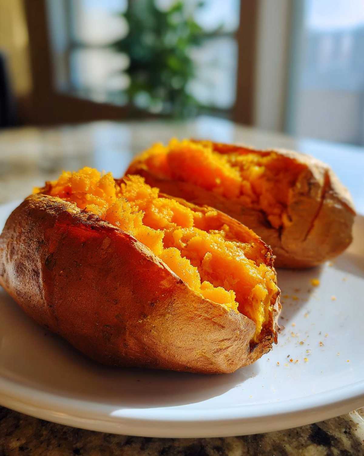 Two halves of a fluffy baked sweet potato, split open to show the bright orange interior.