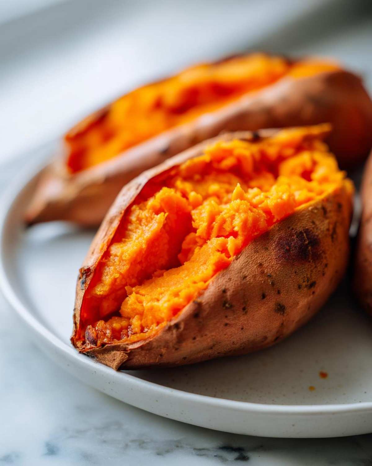 Close-up of a fluffy baked sweet potato split open, showing bright orange flesh.
