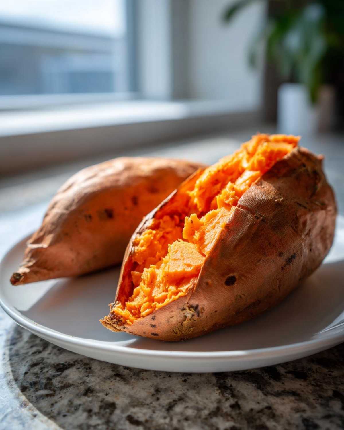 Close-up of a fluffy baked sweet potato, split open to show the bright orange interior, resting on a white plate.