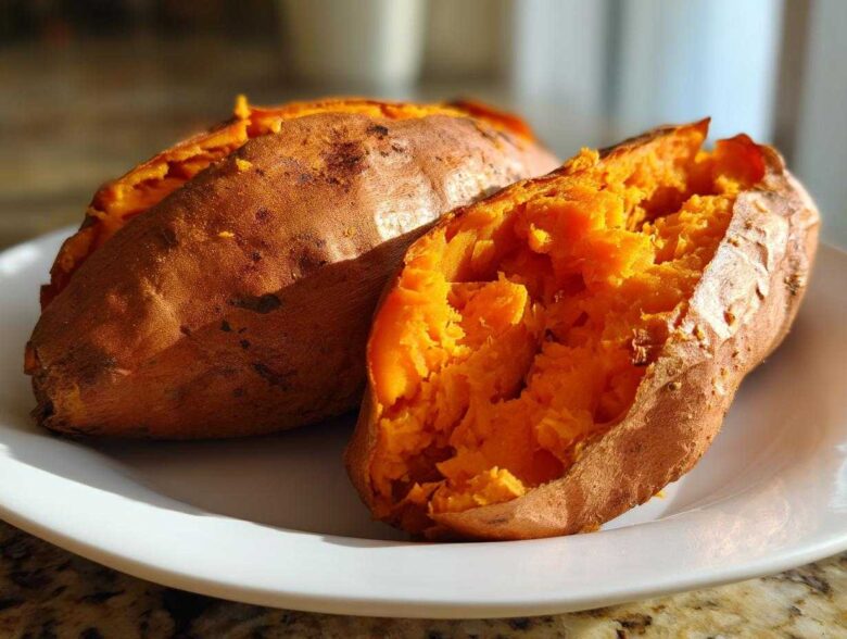 Close-up of a fluffy baked sweet potato split open, revealing bright orange flesh on a white plate.