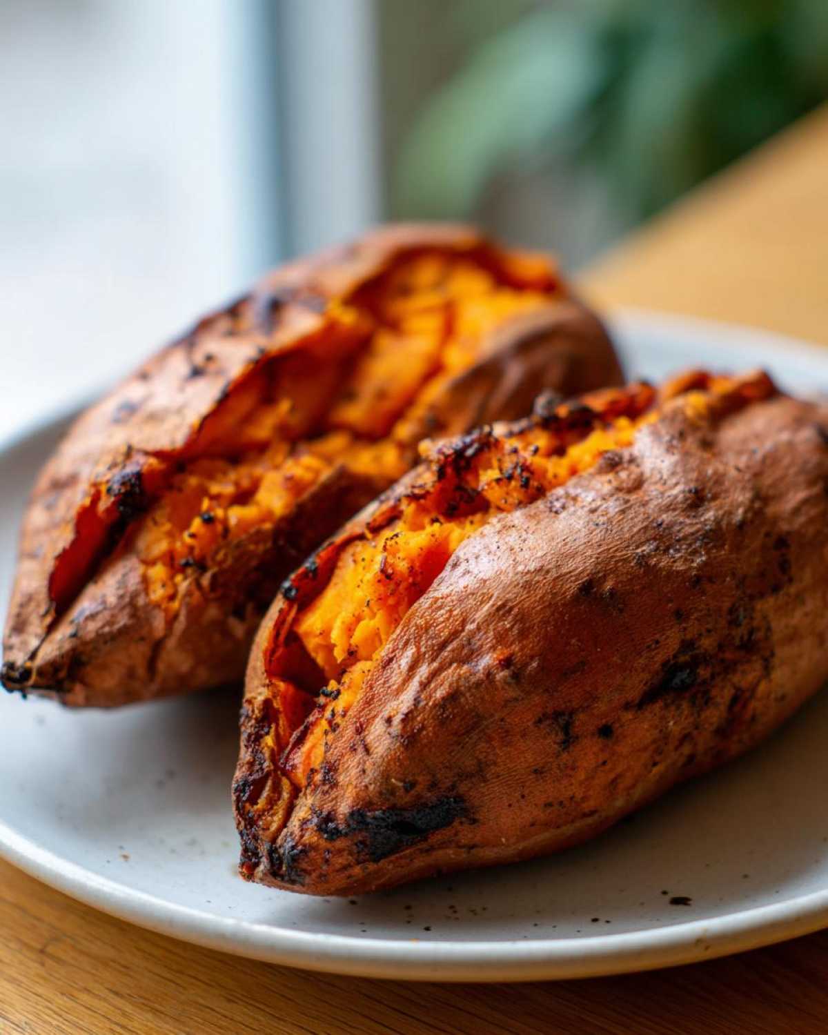Two perfectly cooked baked sweet potatoes, split open to show fluffy orange insides.
