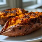 Close-up of two perfectly baked sweet potatoes split open, showing fluffy orange flesh.