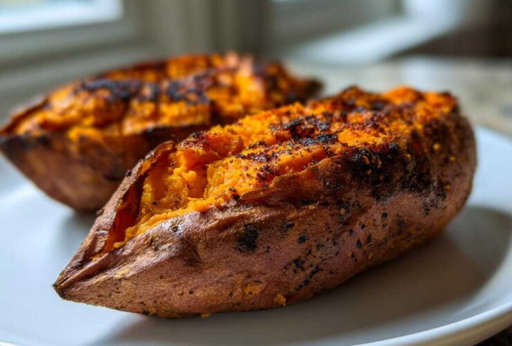 Close-up of two perfectly baked sweet potatoes split open, showing fluffy orange flesh.