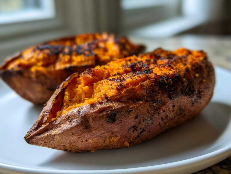 Close-up of two perfectly baked sweet potatoes split open, showing fluffy orange flesh.