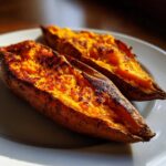 Two halves of fluffy baked sweet potatoes with caramelized orange flesh on a white plate.