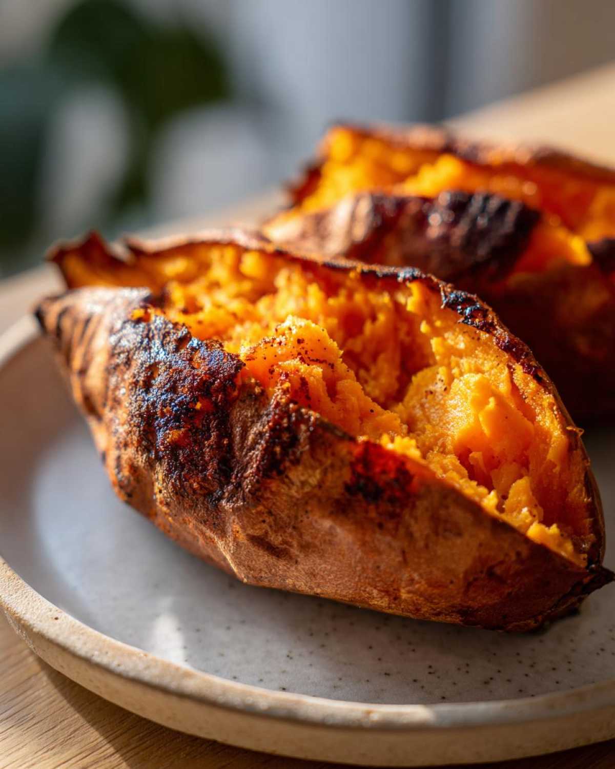 Close-up of fluffy baked sweet potatoes, split open, showing bright orange flesh and slightly charred skin.