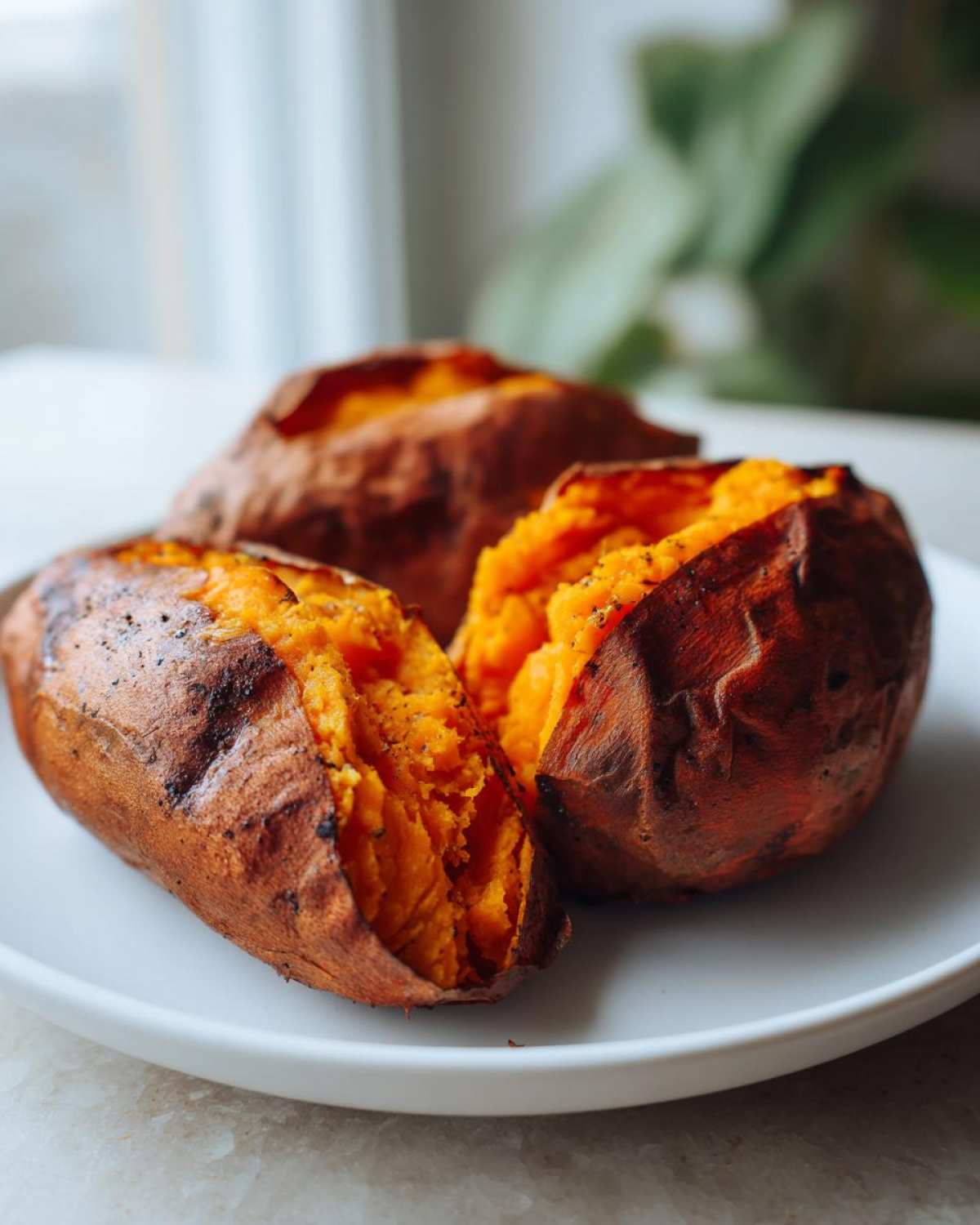 Three fluffy baked sweet potatoes, split open to reveal the bright orange interior, seasoned with pepper.