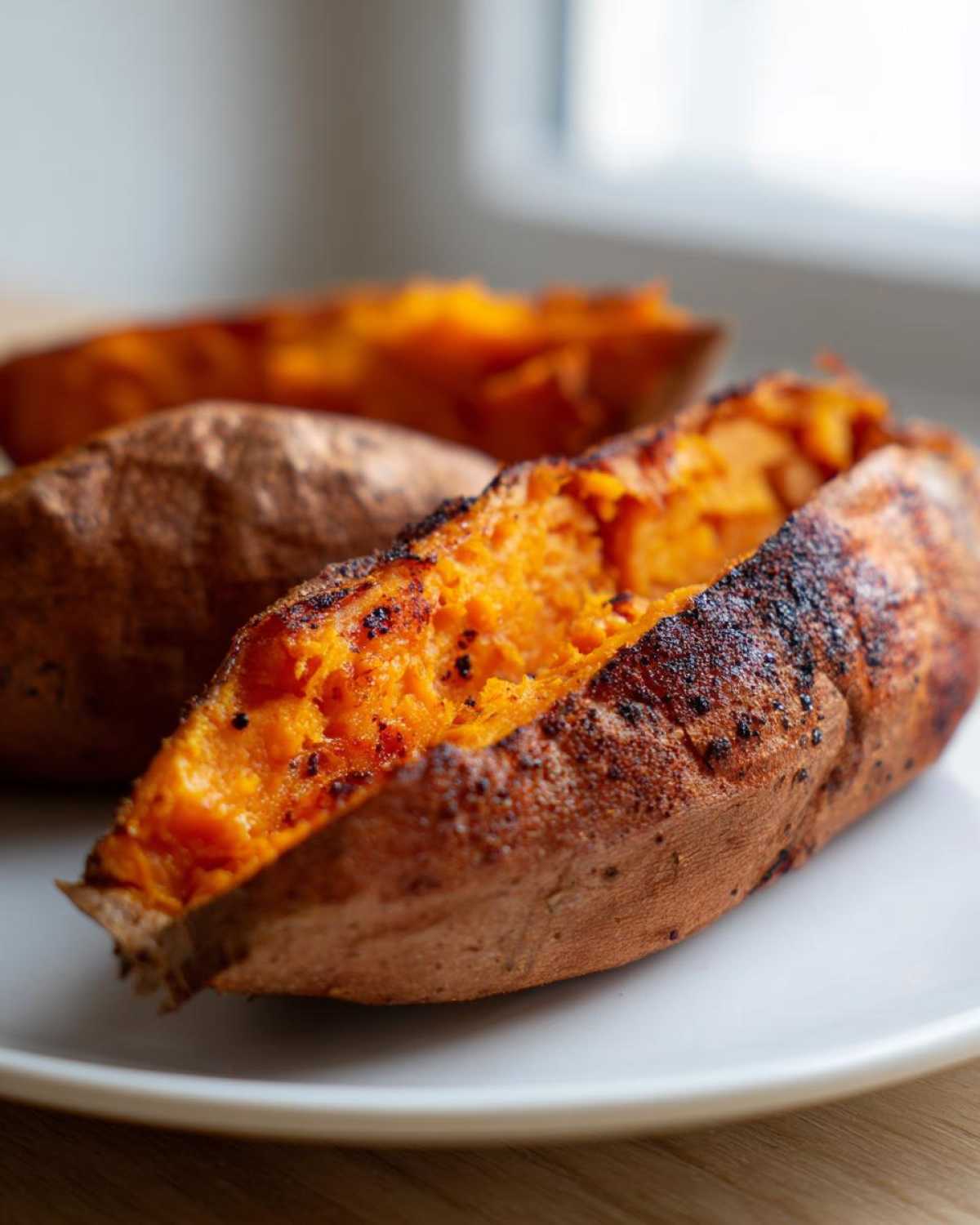 Close-up of fluffy baked sweet potatoes split open, showing bright orange interior.