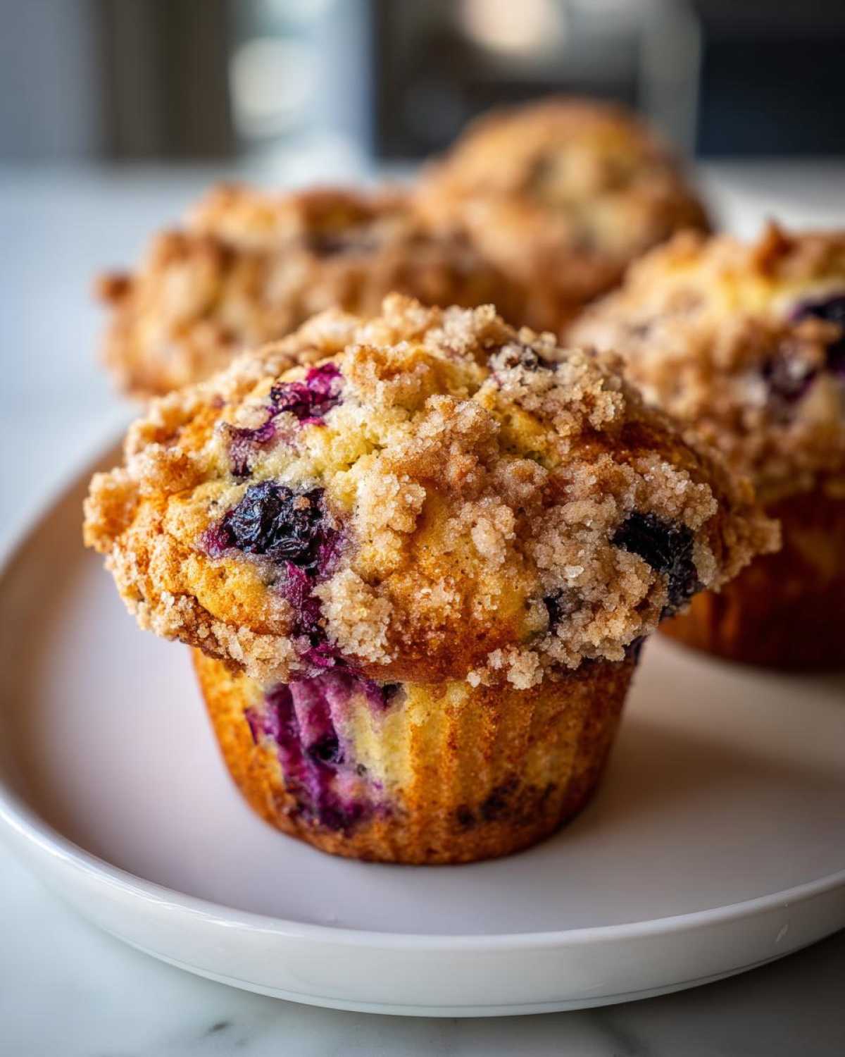 Close-up of a fluffy blueberry muffin topped with a thick, sugary streusel crust, sitting on a white plate.