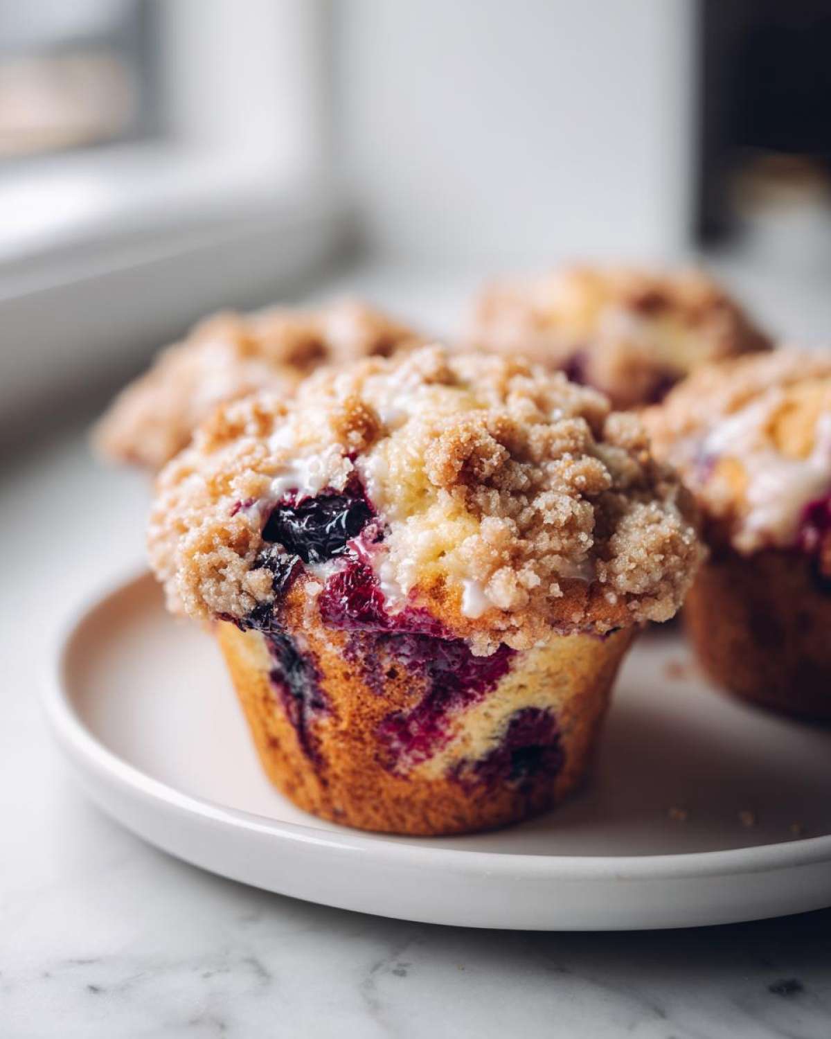 Close-up of a fluffy blueberry muffin topped with streusel and light glaze, sitting on a white plate.