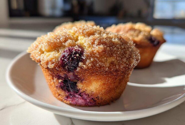 Close-up of a fluffy blueberry muffin topped with sparkling coarse sugar, sitting on a white plate.