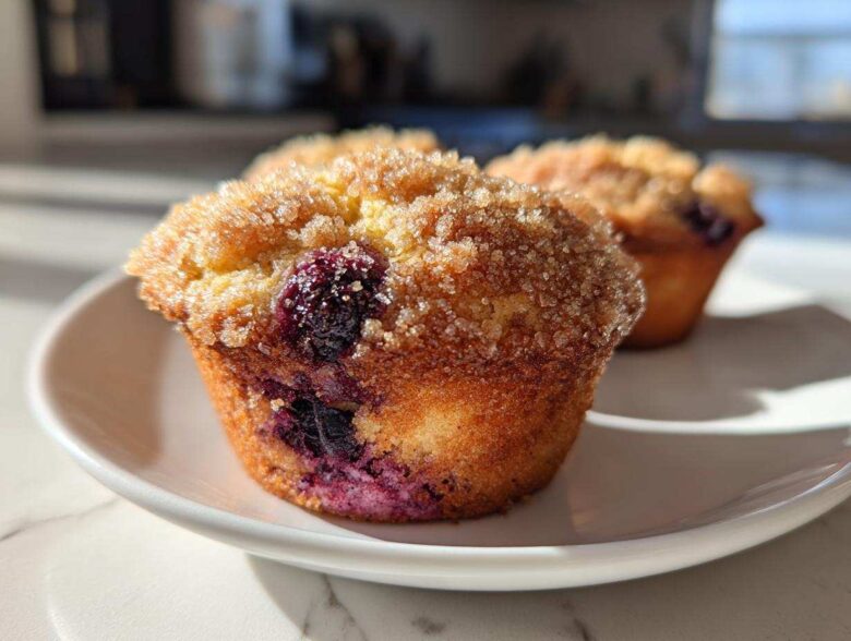 Close-up of a fluffy blueberry muffin topped with sparkling coarse sugar, sitting on a white plate.