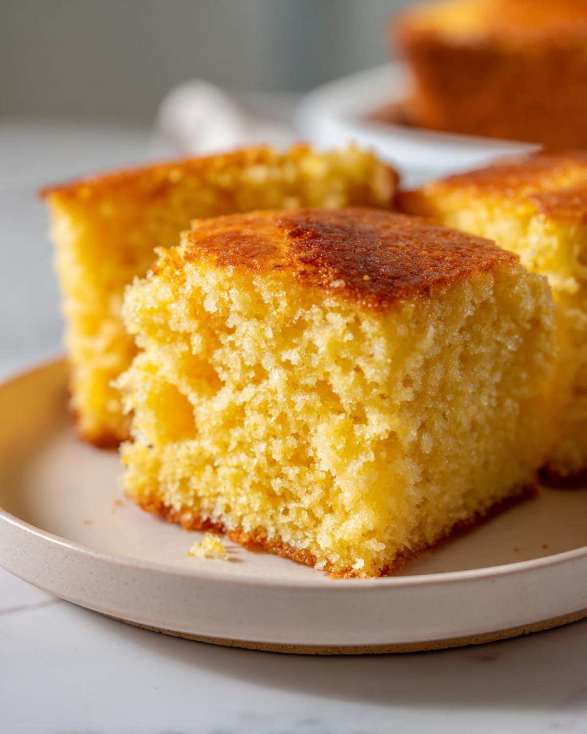 Close-up of fluffy, golden buttermilk cornbread squares served on a light-colored plate.