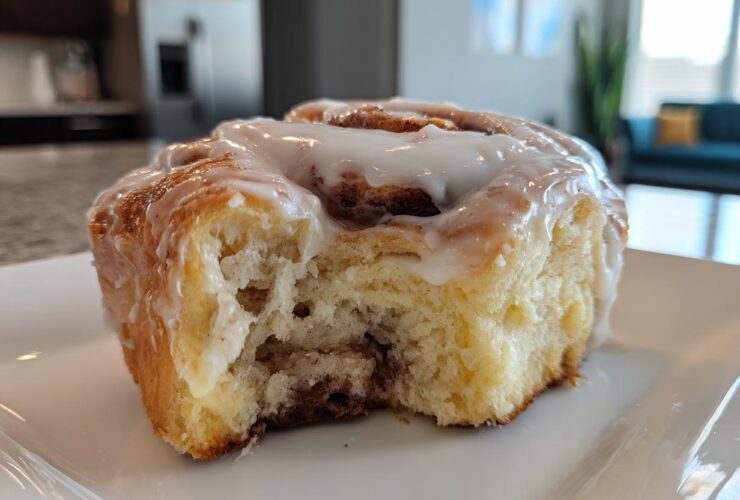 A close-up shot of a fluffy, freshly baked cinnamon roll with a bite taken out, covered in white icing.