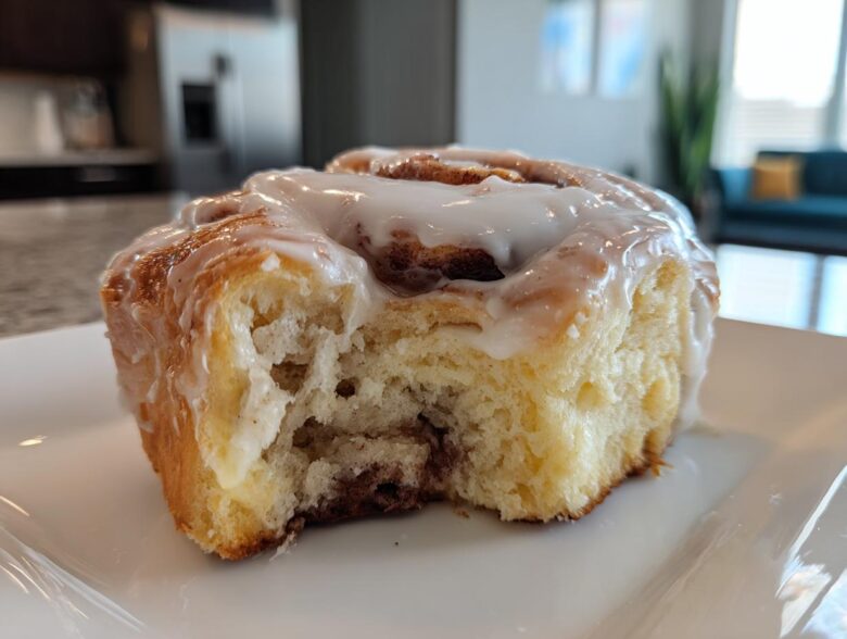 A close-up shot of a fluffy, freshly baked cinnamon roll with a bite taken out, covered in white icing.