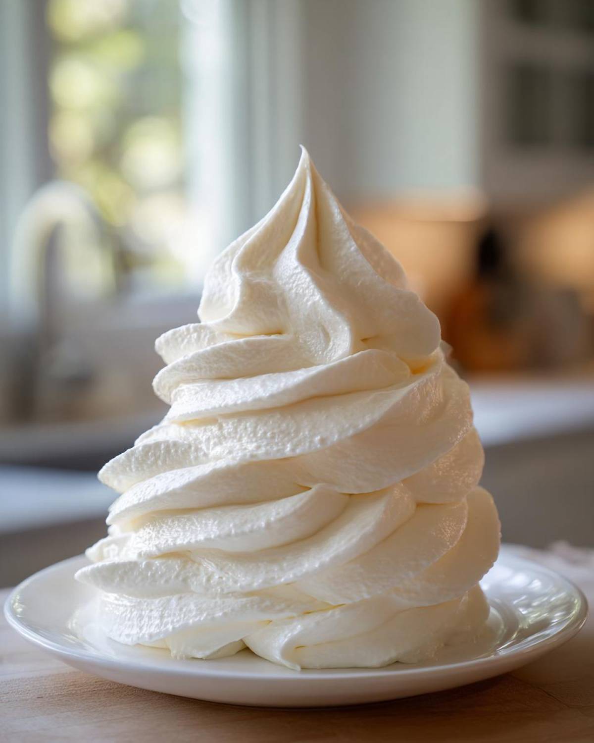 A tall, perfectly piped swirl of white, fluffy cream cheese frosting sitting on a small white plate.