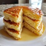 Close-up of a thick stack of fluffy greek yogurt pancakes with a slice removed, drizzled with syrup.