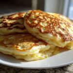 A stack of three thick, golden-brown greek yogurt pancakes drizzled with syrup on a white plate.