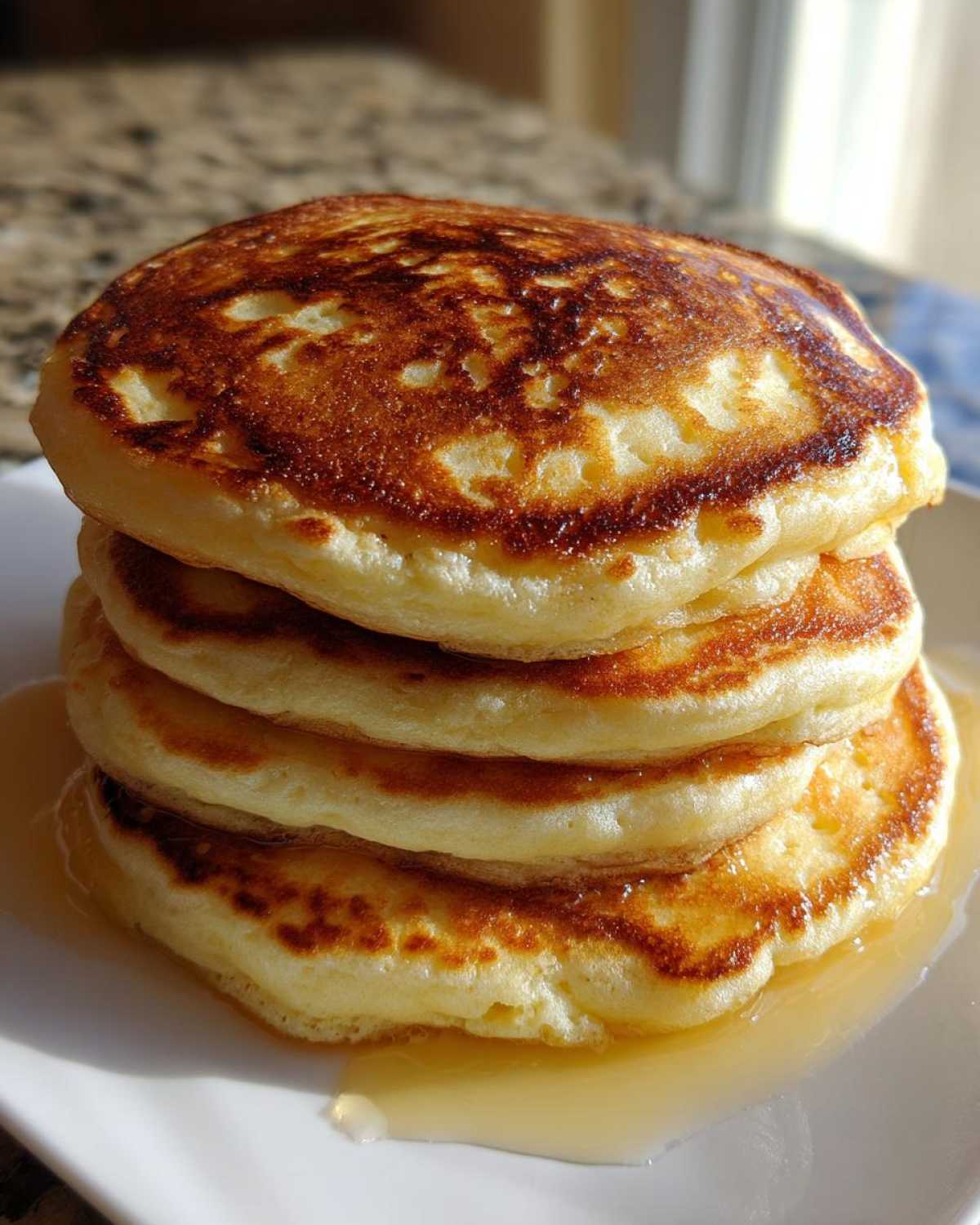 A tall stack of four fluffy greek yogurt pancakes, perfectly golden brown, drizzled with syrup.