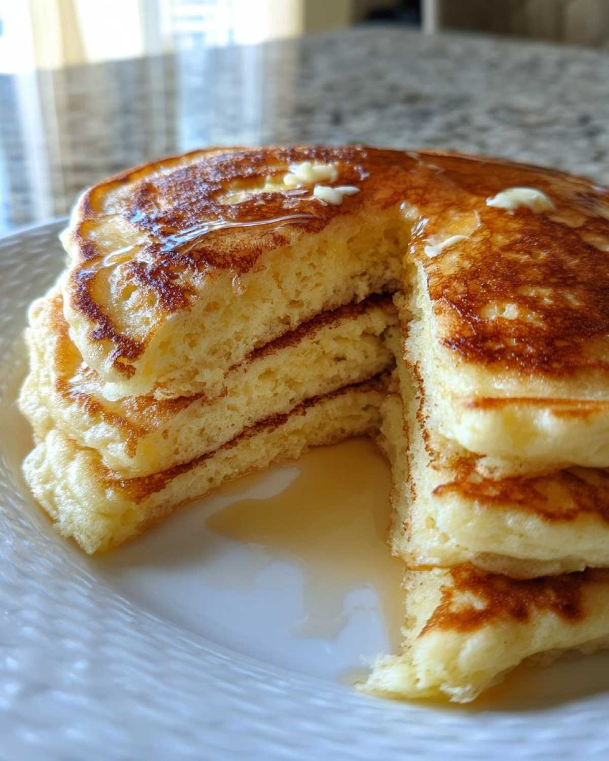 Close-up of a fluffy stack of greek yogurt pancakes, cut to show the interior, drizzled with syrup and butter.