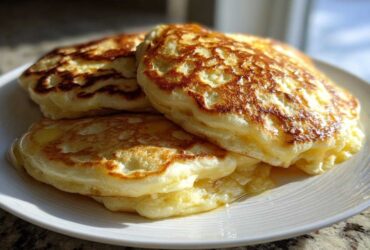 A stack of three thick, golden-brown greek yogurt pancakes drizzled with syrup on a white plate.