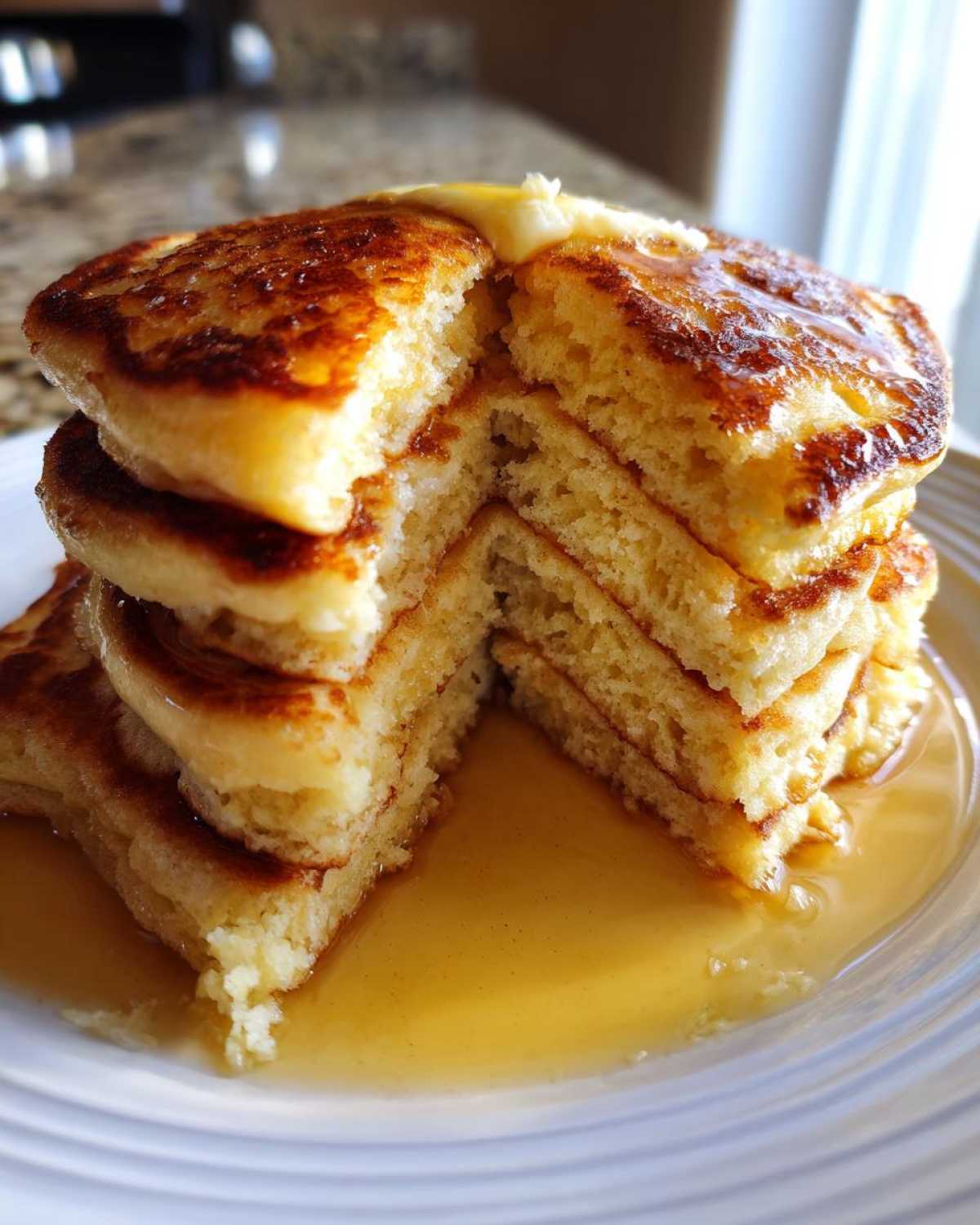 A stack of fluffy greek yogurt pancakes cut in half, showing the interior texture, topped with butter and soaking in syrup.