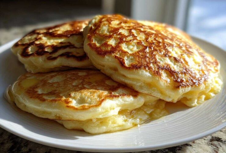 A stack of three thick, golden-brown greek yogurt pancakes drizzled with syrup on a white plate.