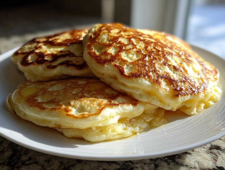 A stack of three thick, golden-brown greek yogurt pancakes drizzled with syrup on a white plate.