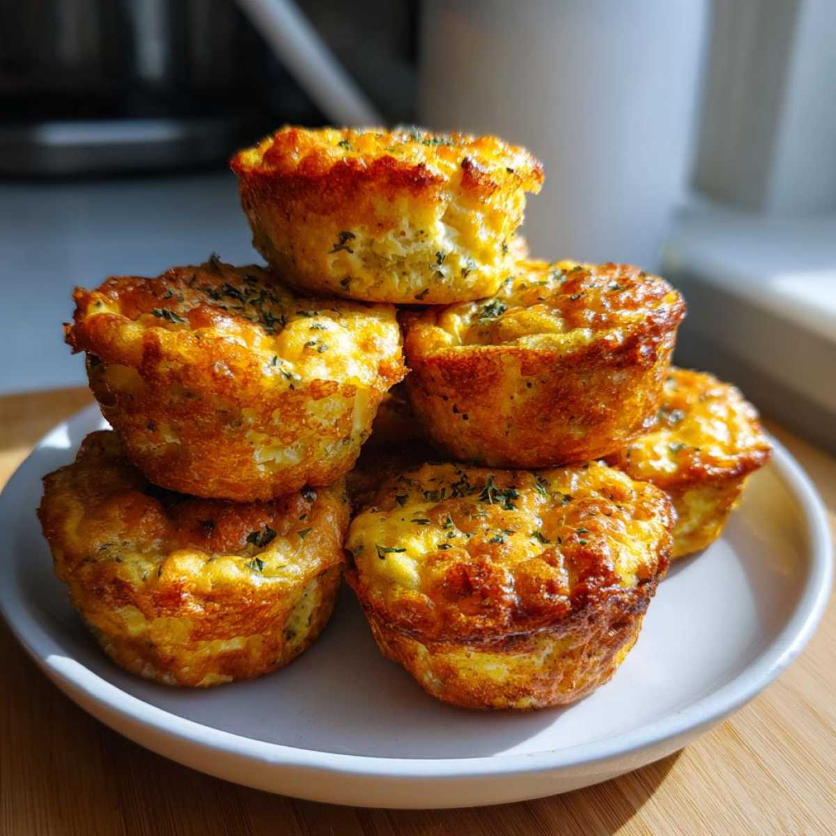 A stack of golden brown, fluffy muffin tin egg bites piled high on a white plate.