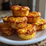 A stack of six fluffy, golden brown muffin tin egg bites resting on a white plate.